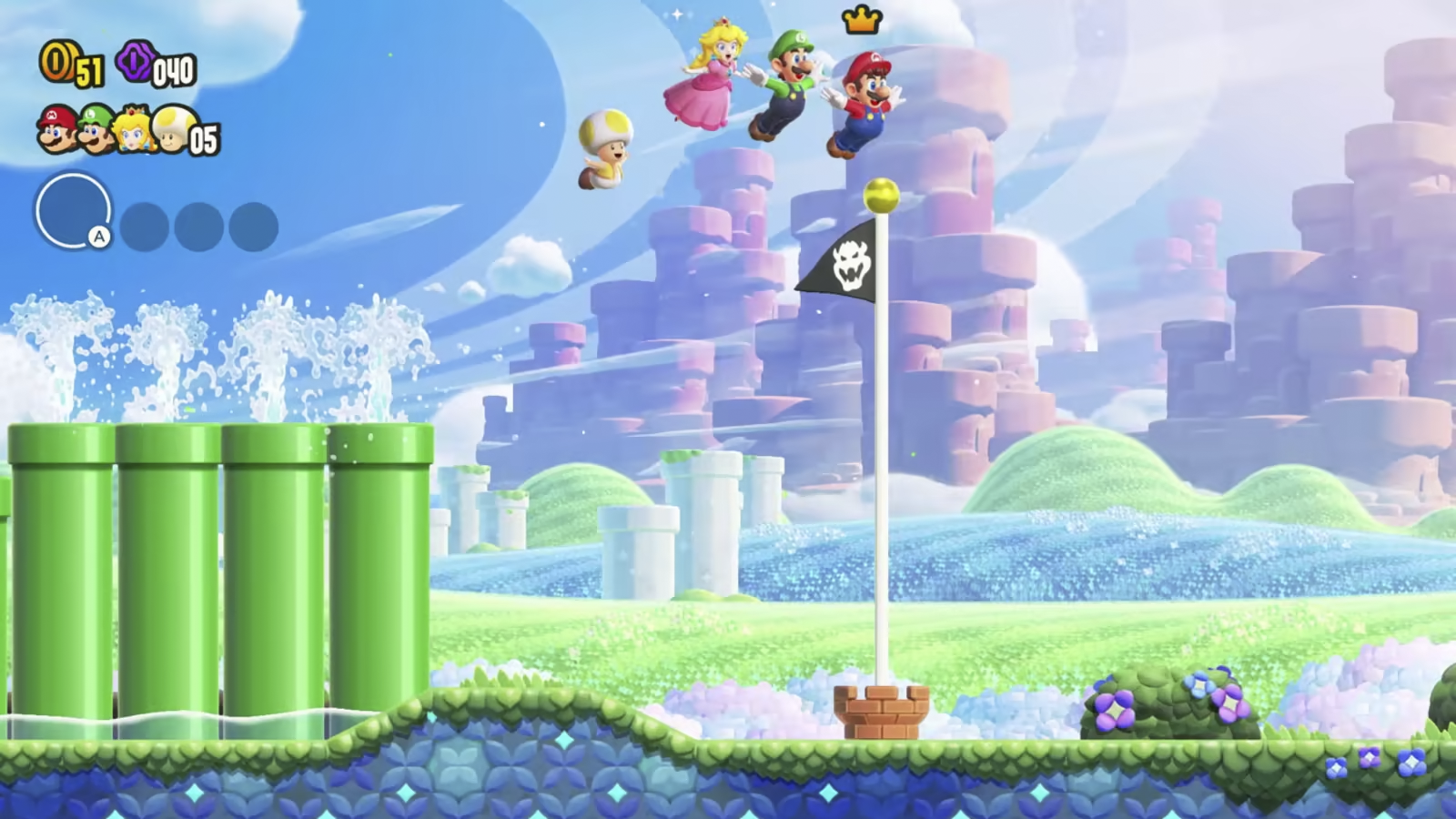 Mario springt door een kleurrijk 2D-level in Super Mario Bros. Wonder.
