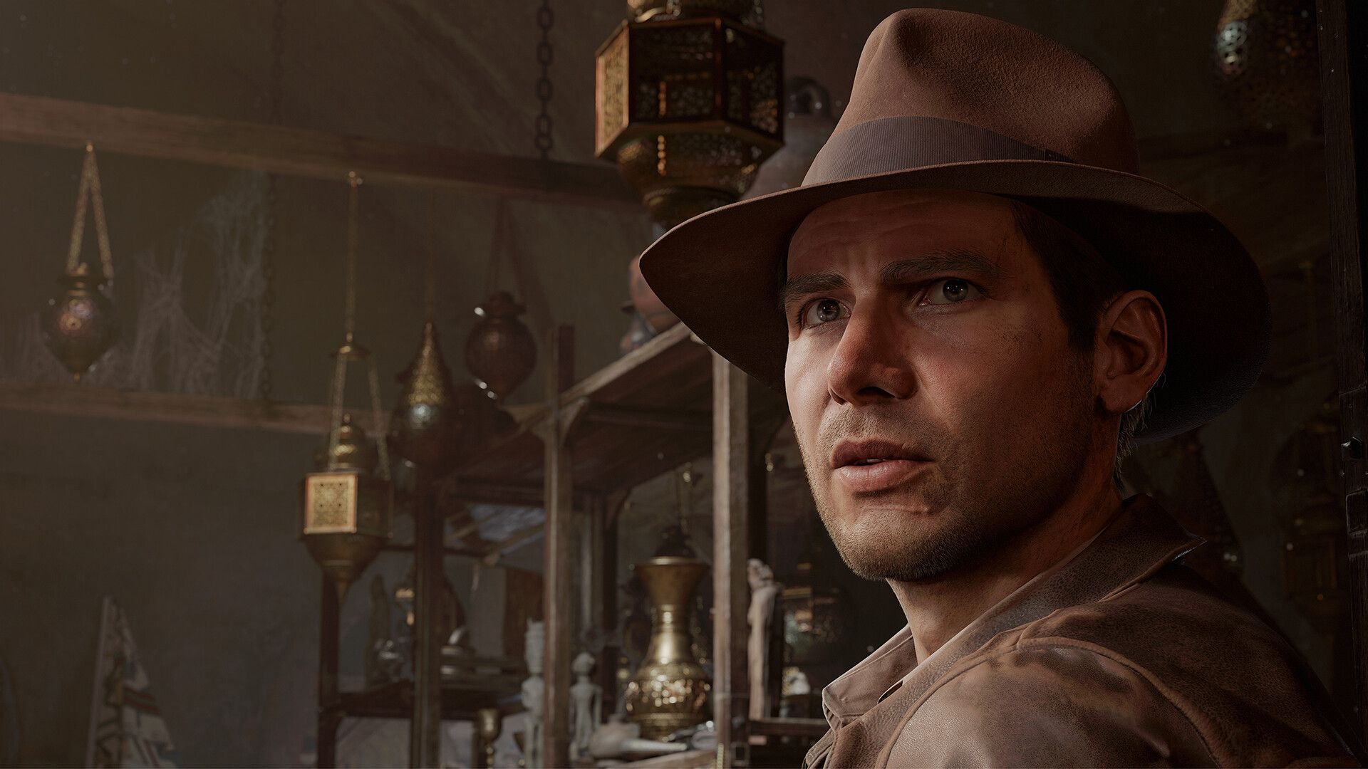Indiana Jones verkent een oude tempel in The Great Circle.