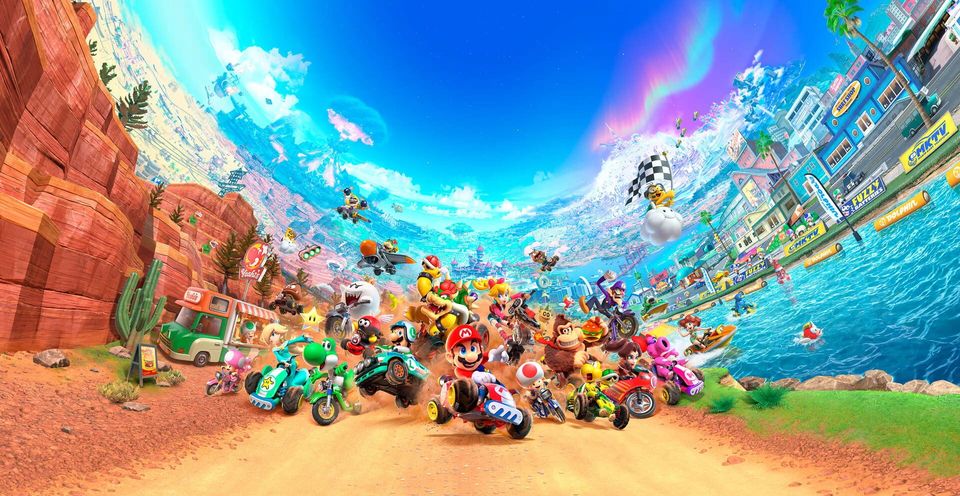 Key art van Mario Kart World met racende personages.