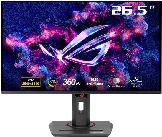 De ASUS ROG Strix OLED XG27ACDNG gaming monitor van voren op zijn standaard.