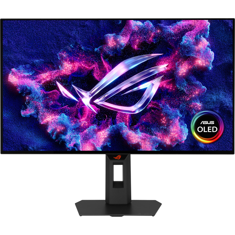 De ASUS ROG Strix OLED XG27AQDMG Gen2 gaming monitor van voren op zijn standaard.