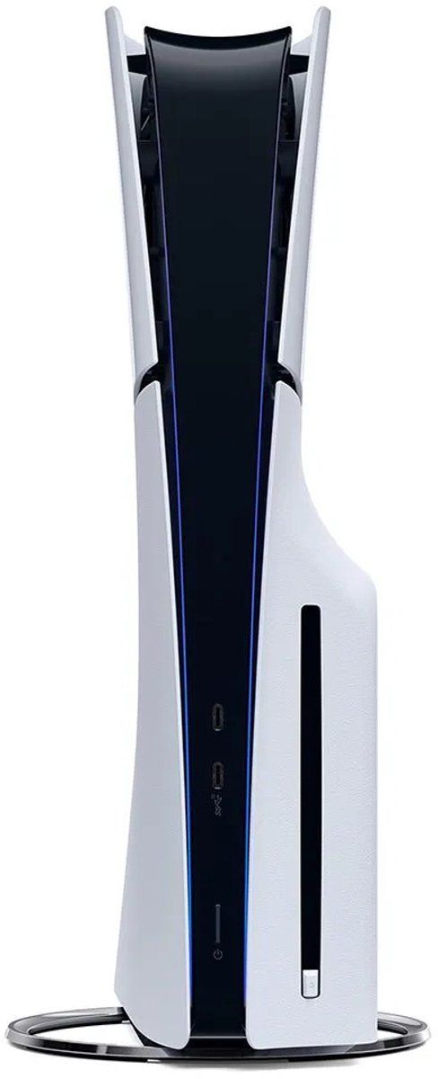 Een PlayStation 5 rechtop op de PlayStation 5 Vertical Stand.