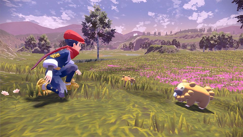 Gameplay uit Pokémon Legends: Arceus in de Hisui-regio.