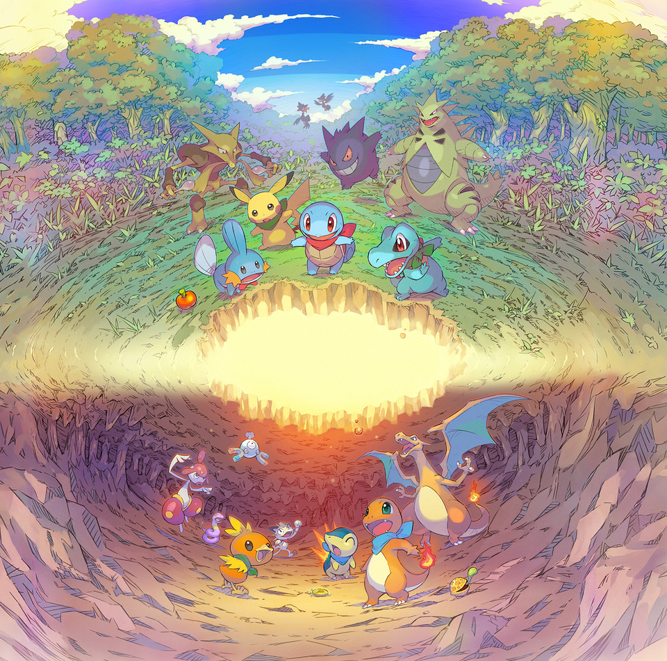 Pikachu, Squirtle, Charmander en andere Pokémon op een kleurrijk avontuur in een kerker.