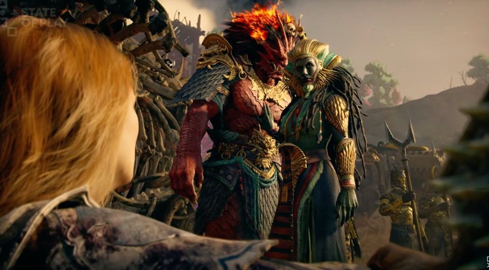 Laufey kijkt naar een rode demon en gevleugelde wezens tegenover haar.