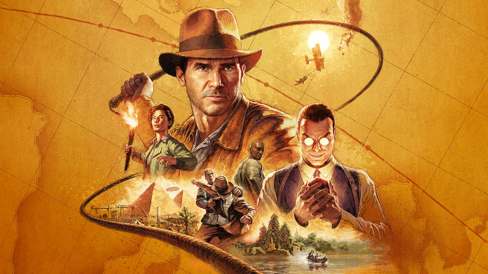 Indiana Jones met zijn hoed en zweep tegen een avontuurlijke achtergrond.