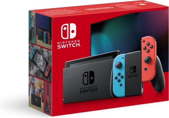 Nintendo Switch met blauwe en rode Joy-Con en dock.