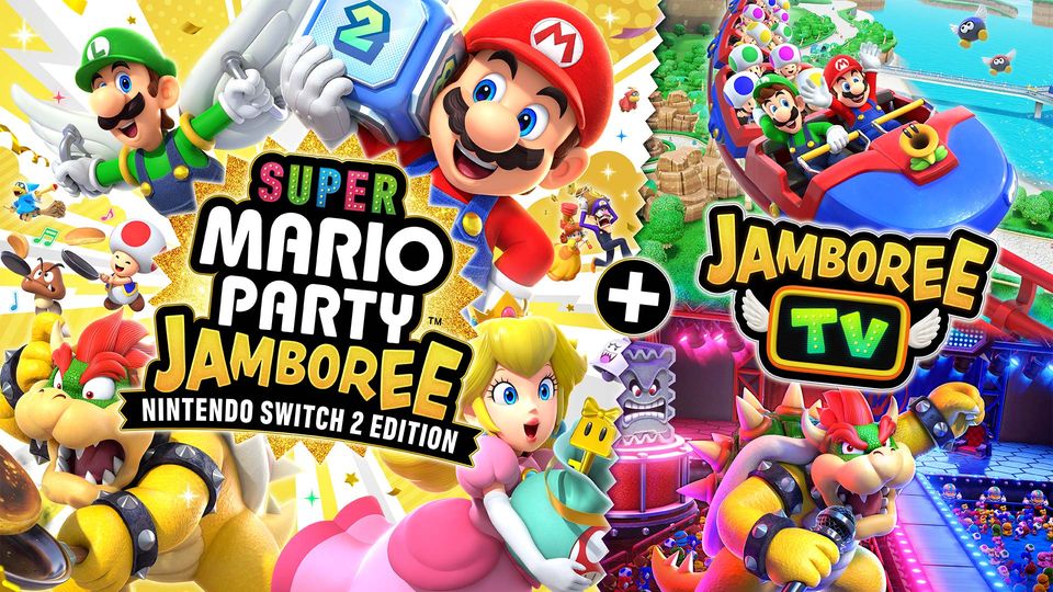 Mario, Luigi, Peach en Bowser op een feestelijk spelbord in Super Mario Party Jamboree.