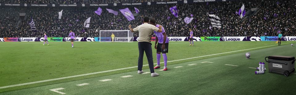 Key art van Football Manager 27 met een voetbalstadion
