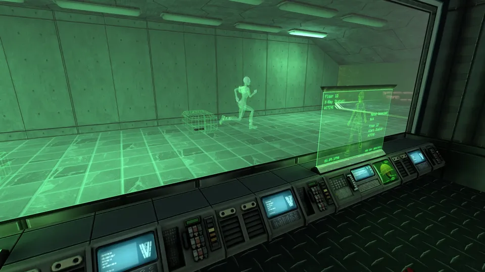 Een controlekamer met bedieningspanelen kijkt uit op een groen verlichte ruimte met een röntgenscanner.