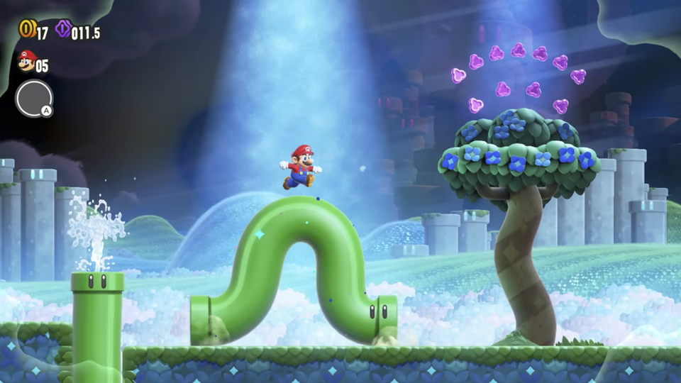 Gameplay uit Super Mario Bros. Wonder in het Flower Kingdom.