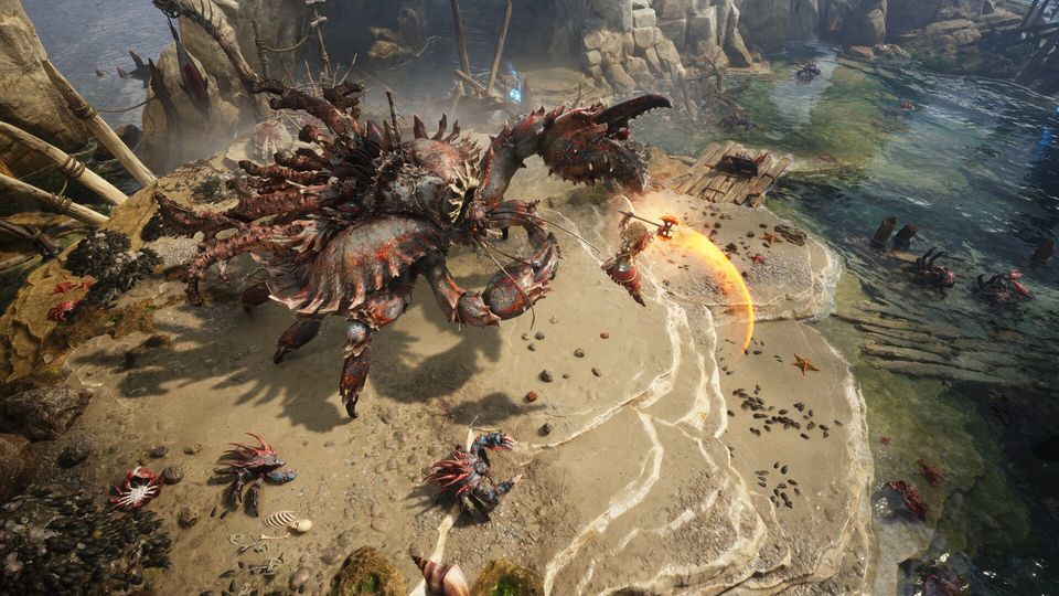 Gevecht in Titan Quest II in een Grieks landschap.