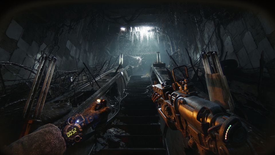Gameplay uit Metro 2039 in de tunnels van de Moskouse metro.