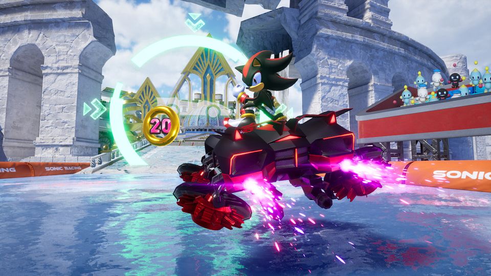 Een spannend moment in een race in Sonic Racing: CrossWorlds.