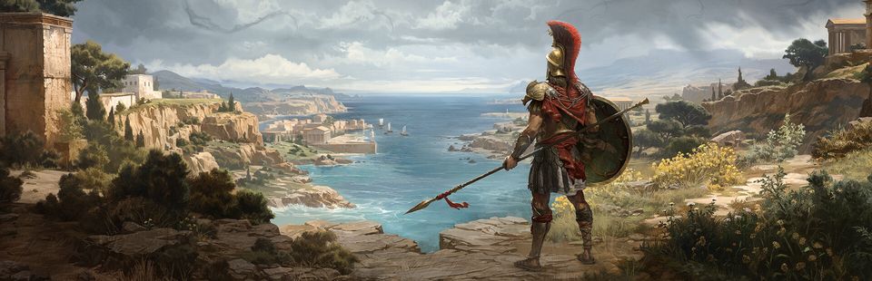 Key art van Titan Quest II met een held in een mythologisch Grieks landschap.