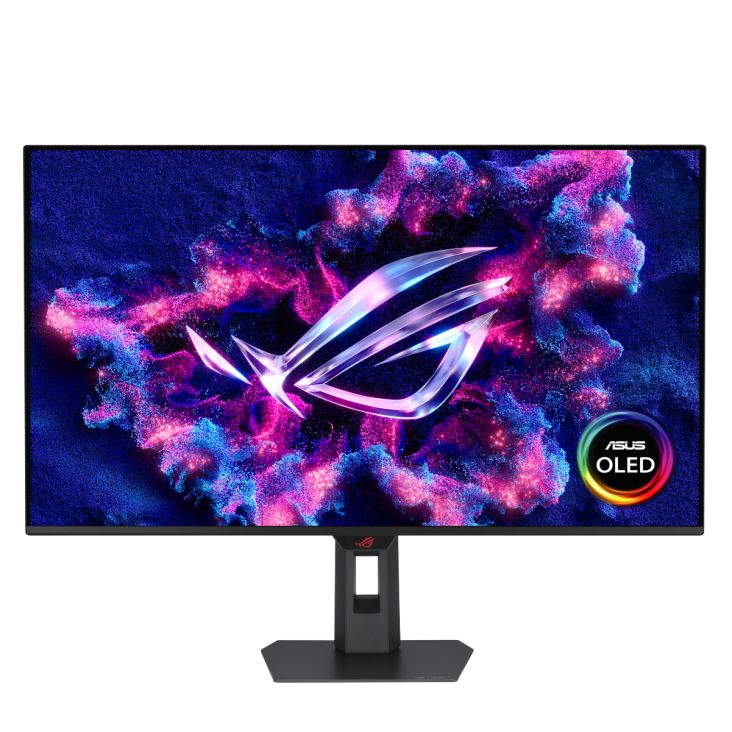 De ASUS ROG Strix OLED XG32UQDMS gaming monitor van voren op zijn standaard.