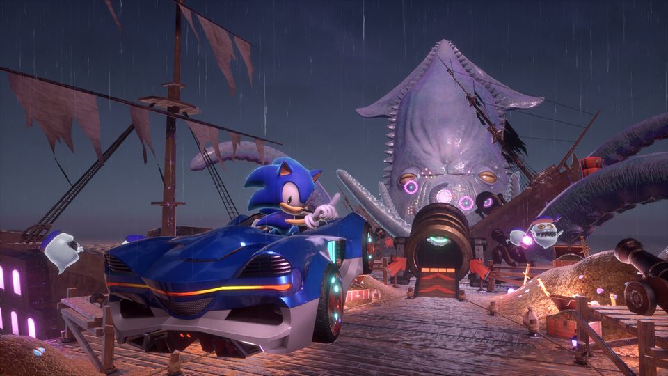 Een race met power-ups in Sonic Racing: CrossWorlds.