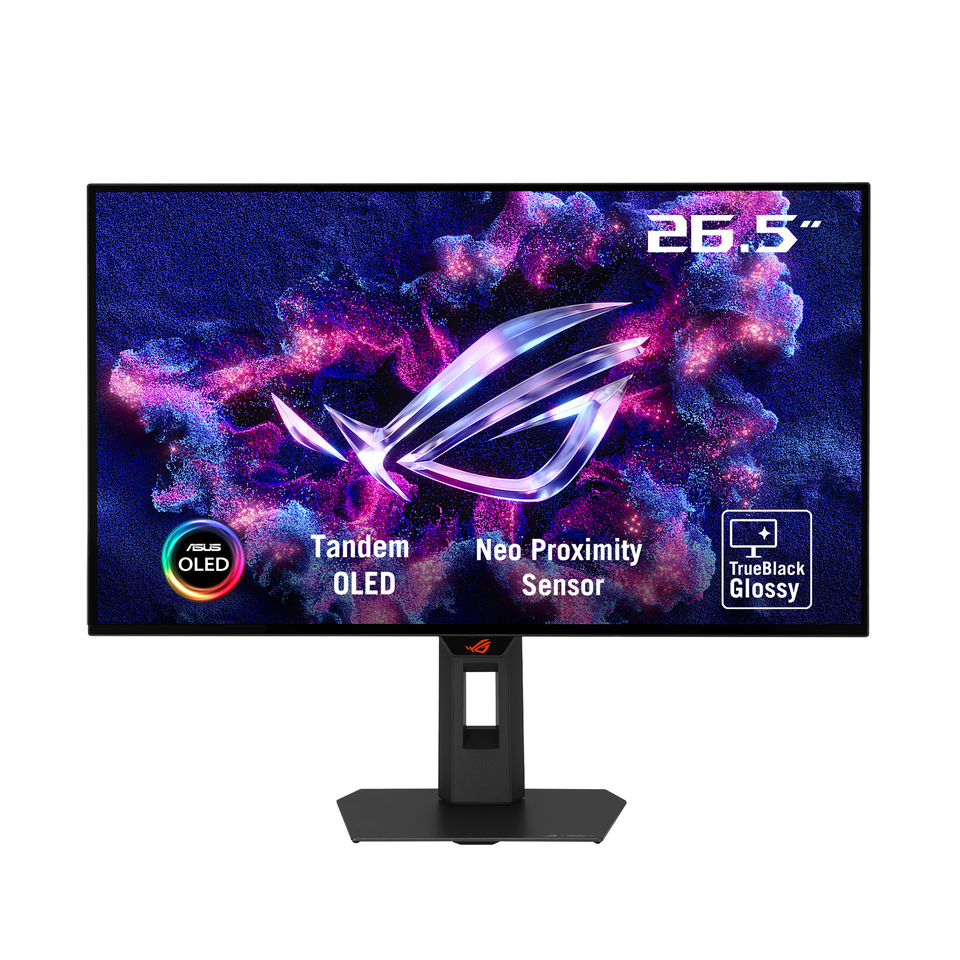 De ASUS ROG Strix OLED XG27AQWMG gaming monitor van voren op zijn standaard.
