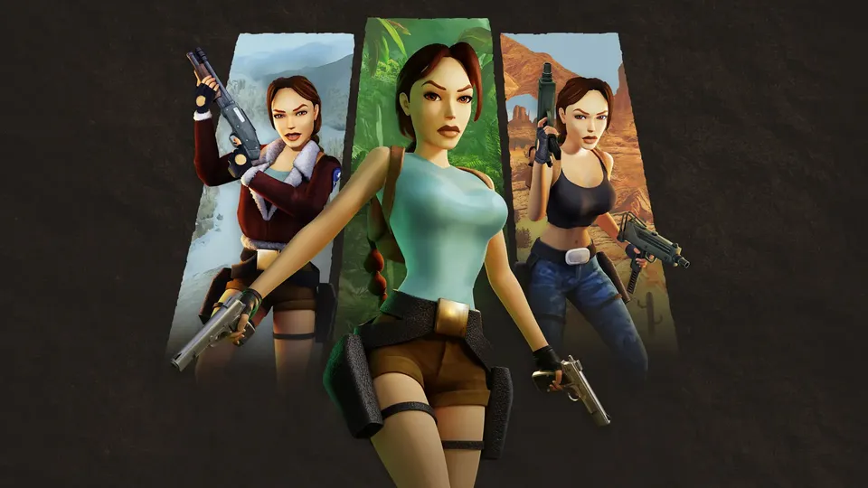 Lara Croft met twee pistolen in een oude tombe.