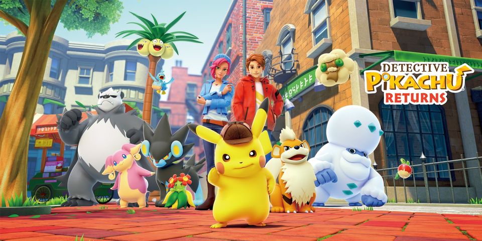 Detective Pikachu met Tim en verschillende Pokémon in de straten van Ryme City.