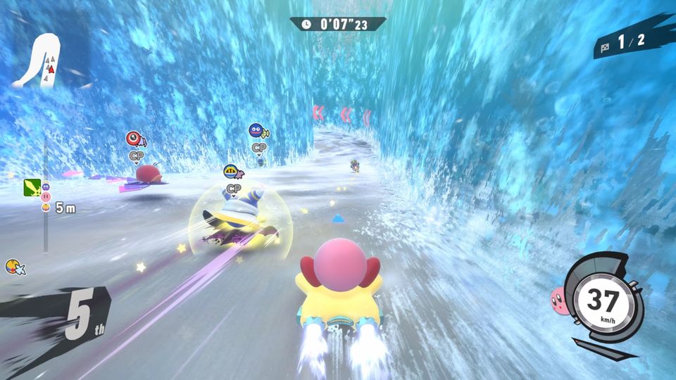 Gameplaybeeld uit Kirby Air Riders.