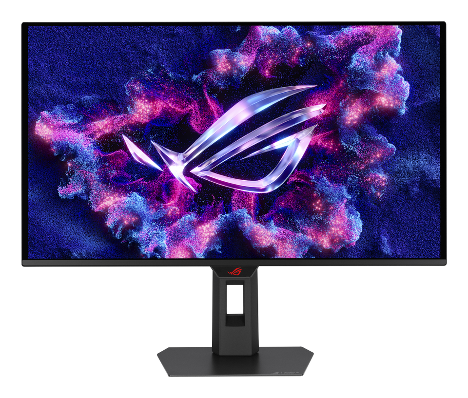 De ASUS ROG Strix OLED XG27ACDMS gaming monitor van voren op zijn standaard.