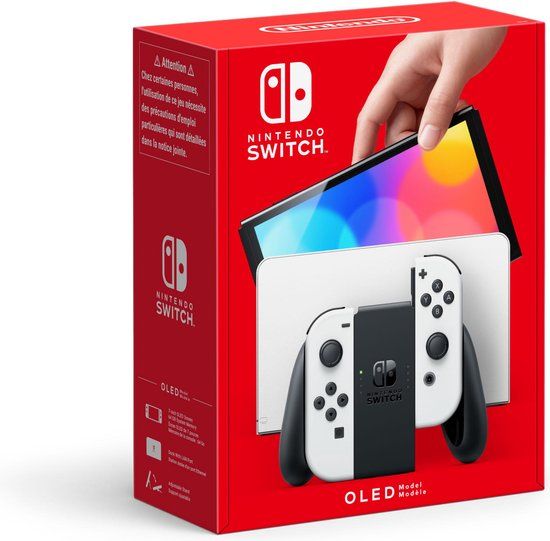 Verpakking van de Nintendo Switch OLED in het wit.