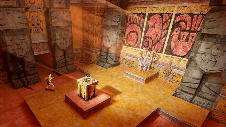 Lara Croft rent door een oude tempelzaal met stenen beelden, rode muurschilderingen en een skelet op een troon.
