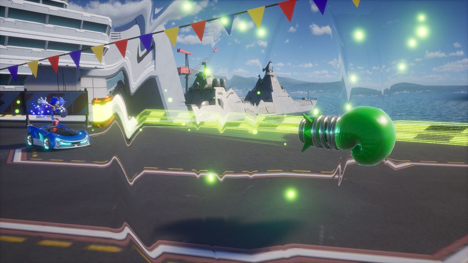 Racen over water in Sonic Racing: CrossWorlds.