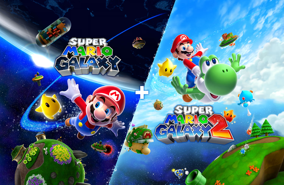 Key art van Super Mario Galaxy + Super Mario Galaxy 2 met Mario in de ruimte.