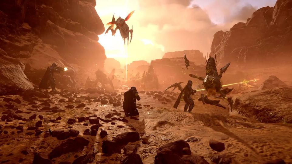 Helldivers verdedigen een positie tegen robotvijanden.