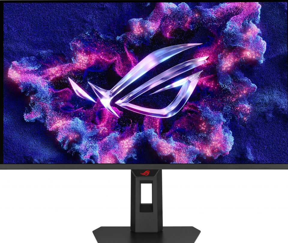 De ASUS ROG Strix OLED XG27AQDPG gaming monitor van voren op zijn standaard.
