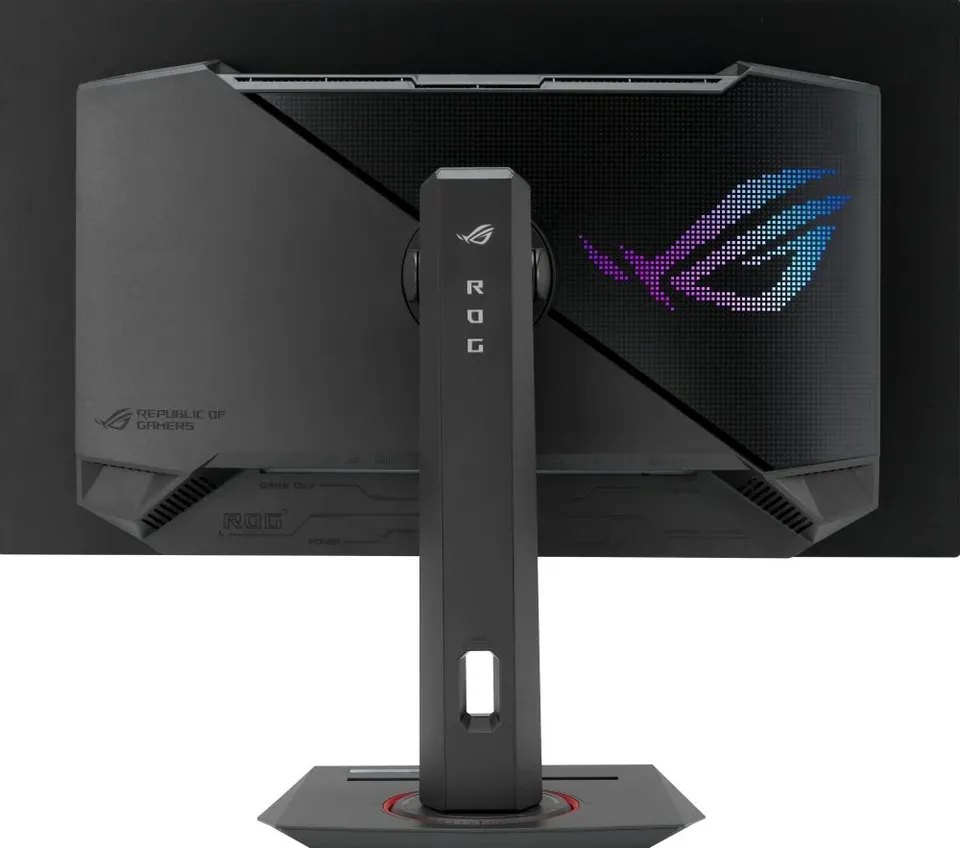 Achterkant van de ASUS ROG Strix OLED XG27UCDMG met verlicht ROG-logo en standaard.