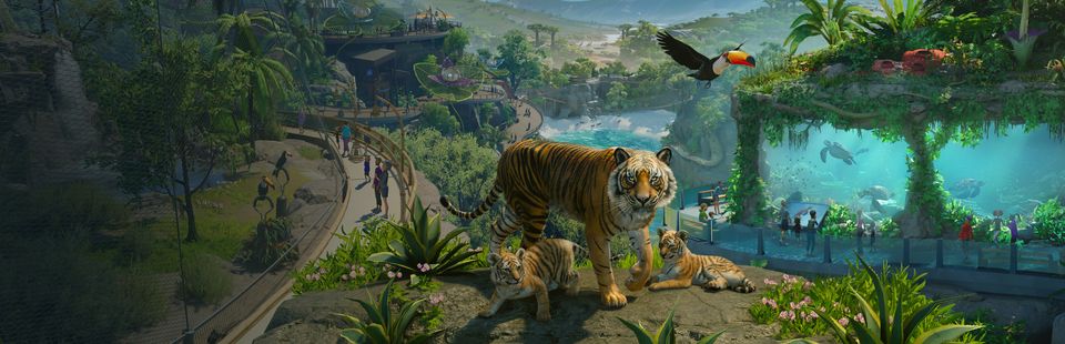 Een dierentuin in Planet Zoo 2 met verblijven, bezoekers en dieren.