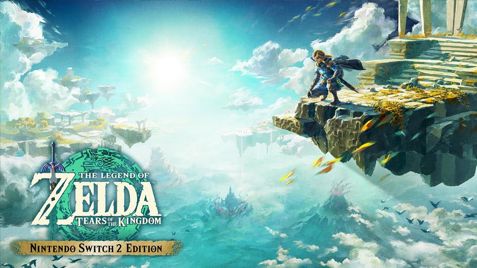 Link boven de zwevende eilanden van Hyrule in The Legend of Zelda: Tears of the Kingdom.