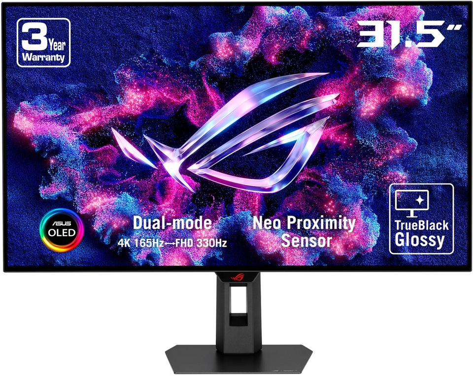 De ASUS ROG Strix OLED XG32UCWG gaming monitor van voren op zijn standaard.