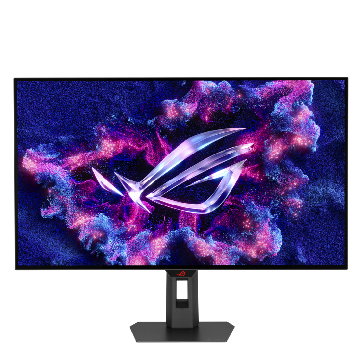 De ASUS ROG Strix OLED XG32UCWMG gaming monitor van voren op zijn standaard.