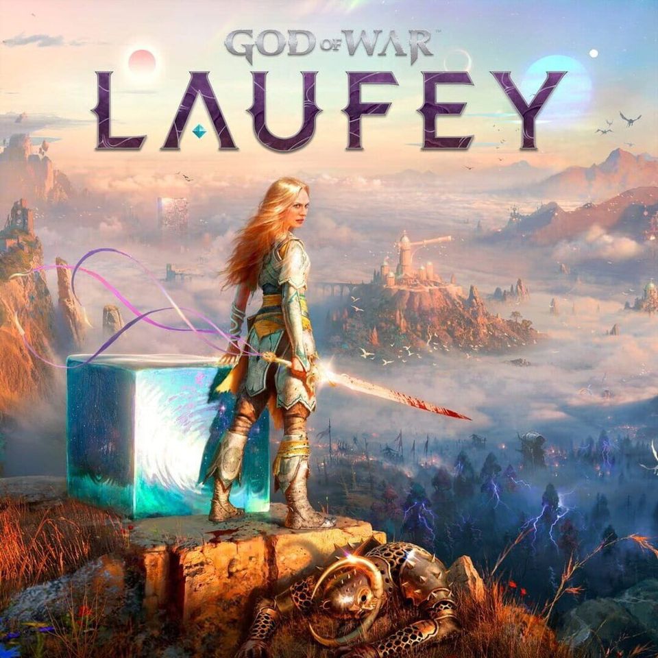 Laufey in harnas met speer, van dichtbij, voor een zonnig berglandschap vol wolken.