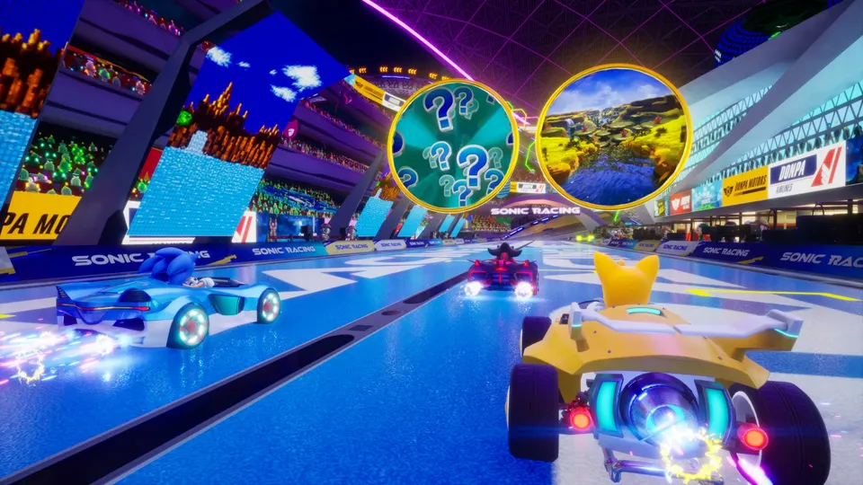 Snelle race op een circuit in Sonic Racing: CrossWorlds.