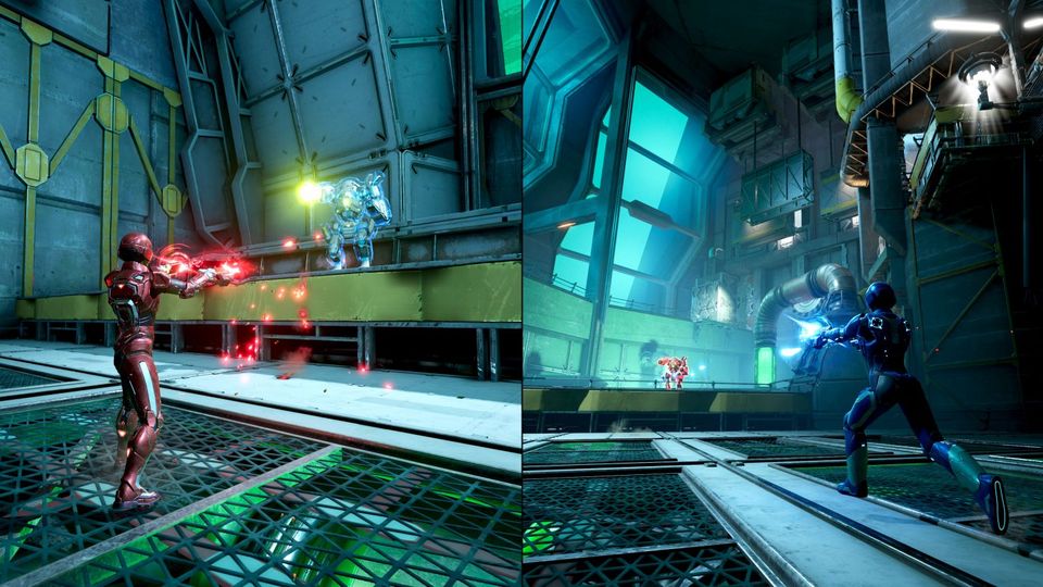 Splitscreen-beeld met beide speelsters in een andere omgeving.