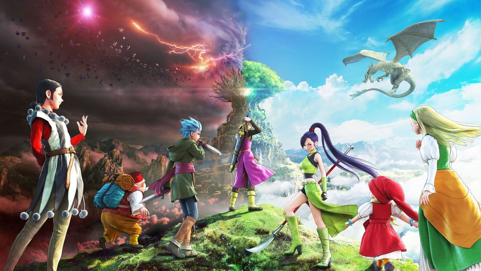 Artwork van Dragon Quest XI S met de held en zijn metgezellen