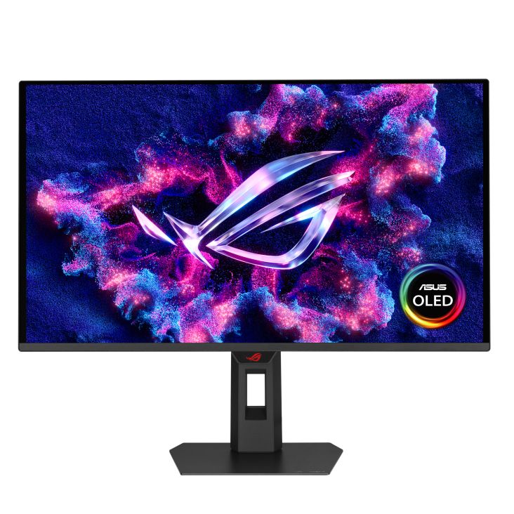 De ASUS ROG Strix OLED XG27AQDNG gaming monitor van voren op zijn standaard.