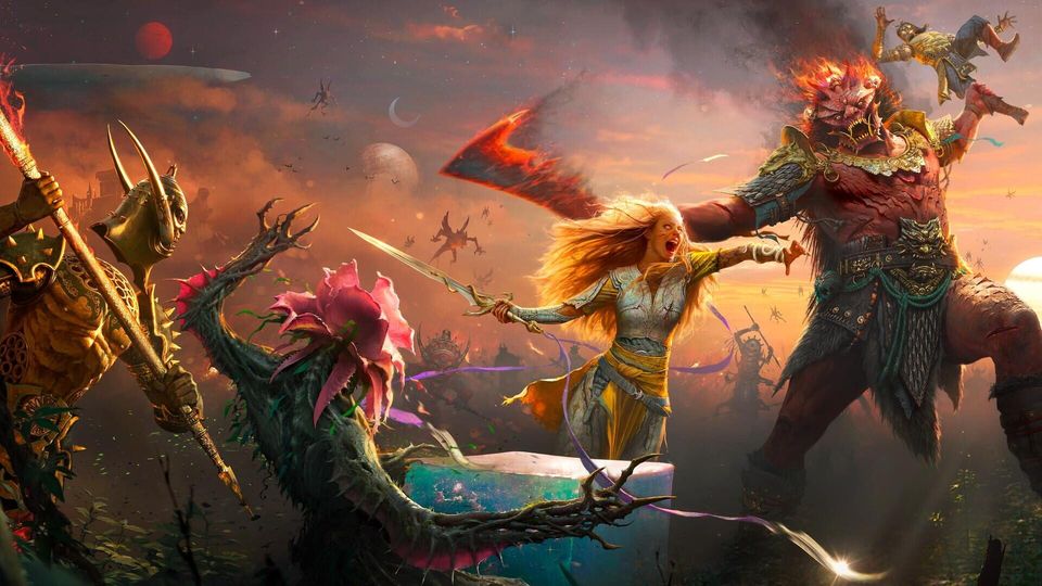 Laufey springt met haar zwaard tussen gehoornde demonen en mythische wezens in een vurig gevecht.