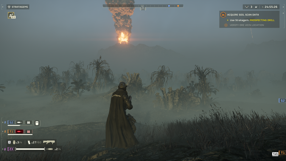 Helldivers rukken op over een buitenaardse planeet.