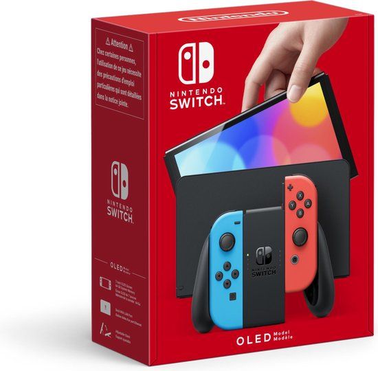 Verpakking van de Nintendo Switch OLED met blauwe en rode Joy-Con.