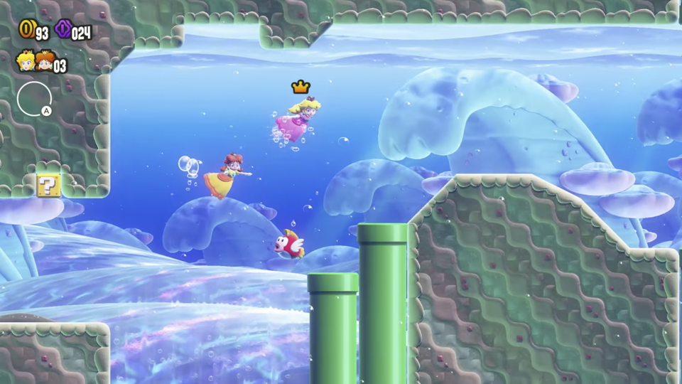 Een level in Super Mario Bros. Wonder met platforms en vijanden.