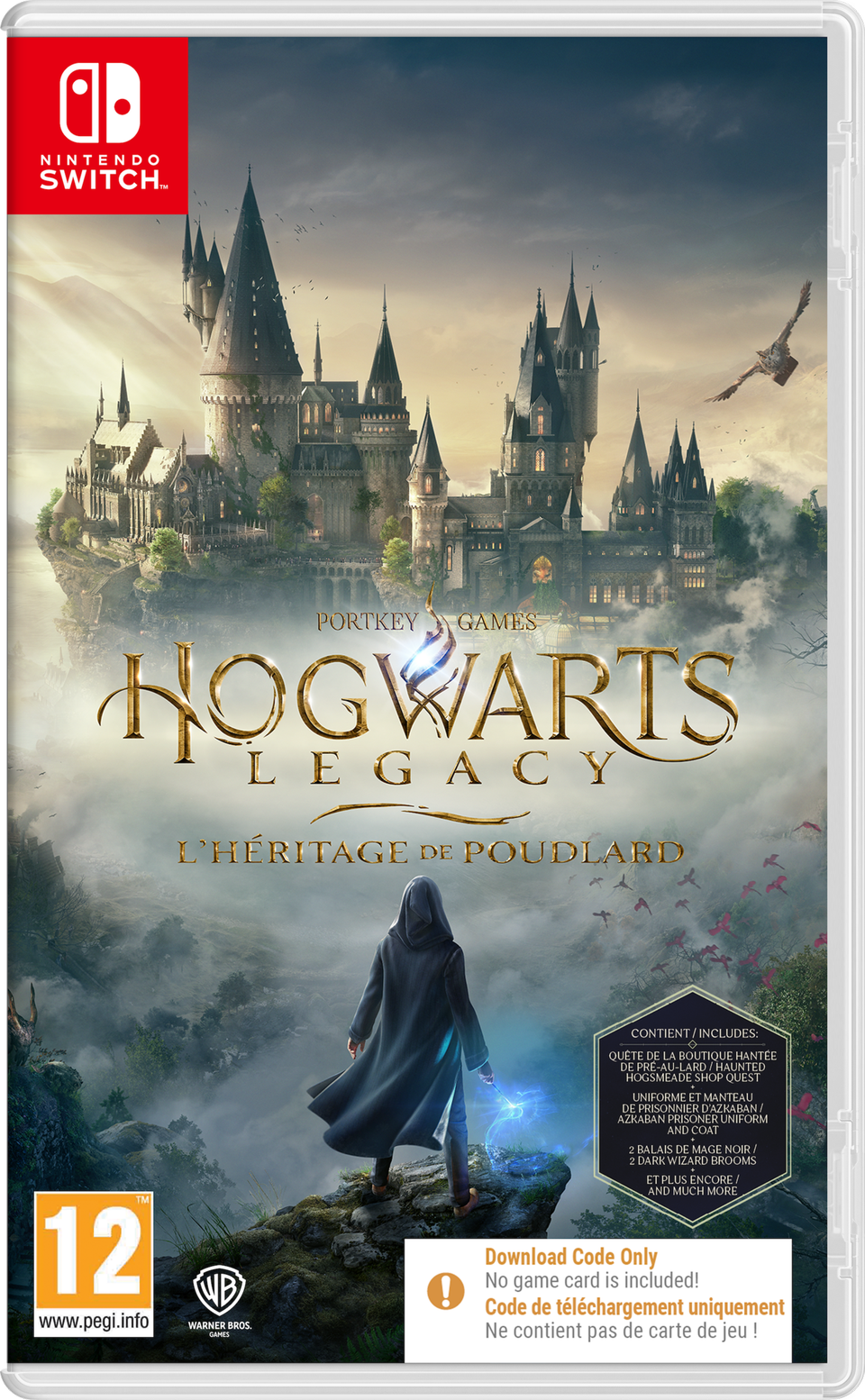 Verpakking van Hogwarts Legacy Code in a Box voor Nintendo Switch.