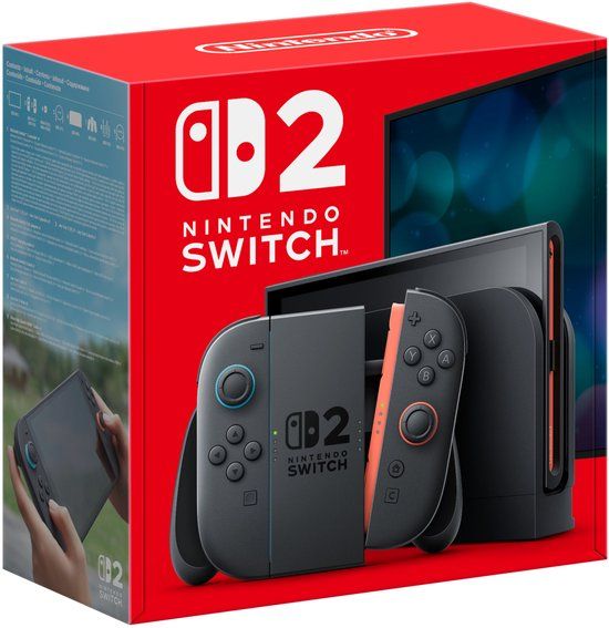 Verpakking van de Nintendo Switch 2 met console en Joy-Con 2-controllers.