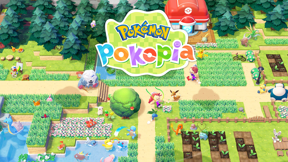 Ditto en andere Pokémon in een groen, zelfgebouwd dorp in Pokémon Pokopia.
