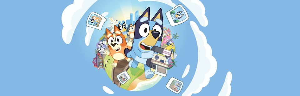 Key art van Bluey's Happy Snaps met Bluey en haar familie.